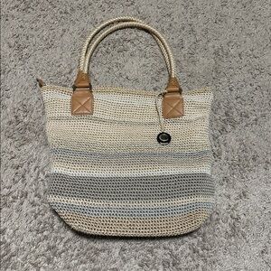 THE SAK Cambria Sand Stripe Natural Beige Crochet Woven Tote Handbag Purse